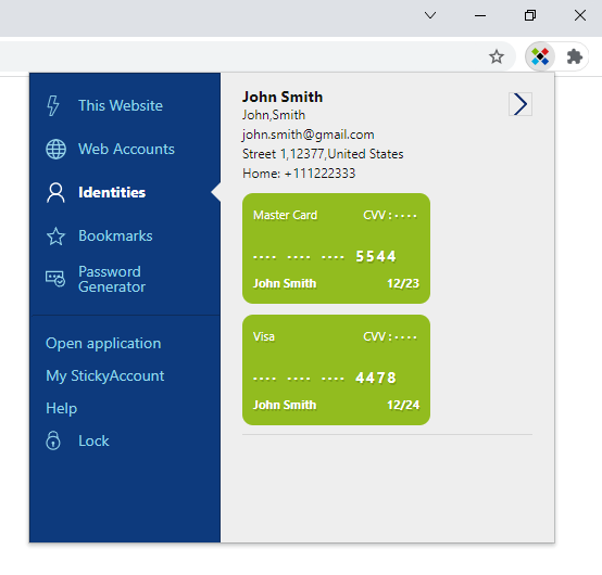 身份信息和信用卡管理界面